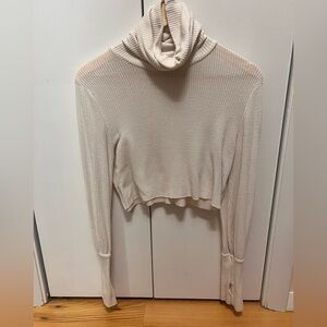 Joah Brown Cropped Cream Ribbed Turtleneck with Thumbholes- One size